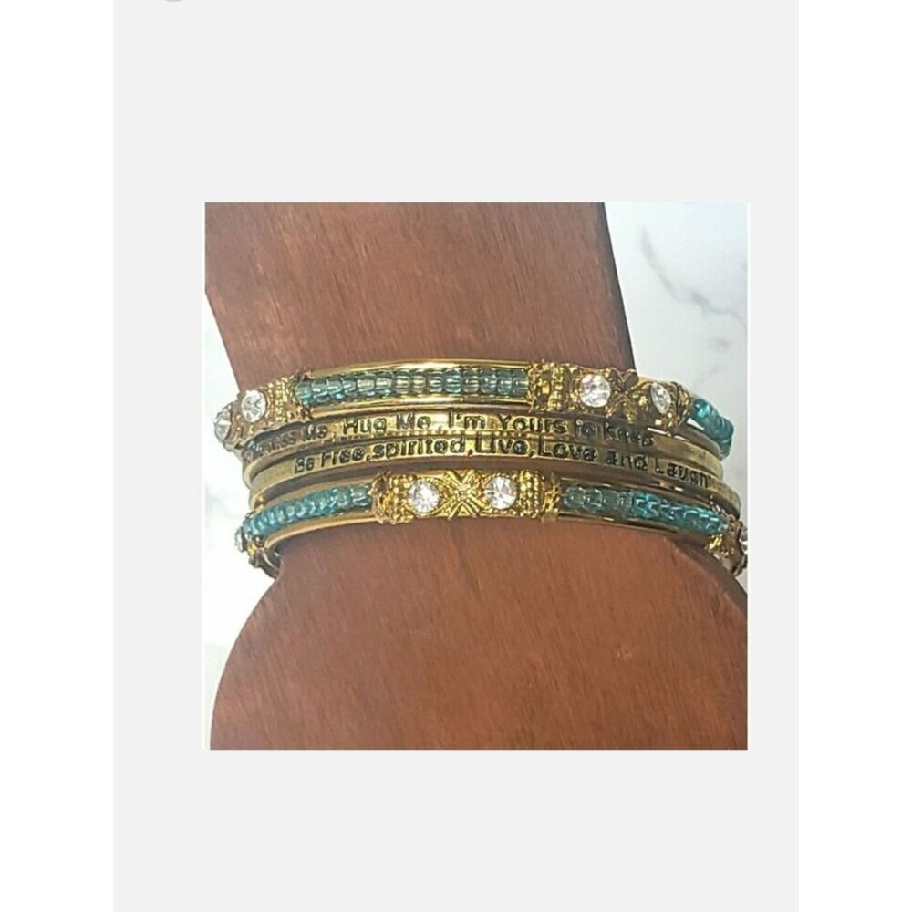 Set Of 4 Bangle Bracelets Beads Crystals & Engraved Messages Words Phrases